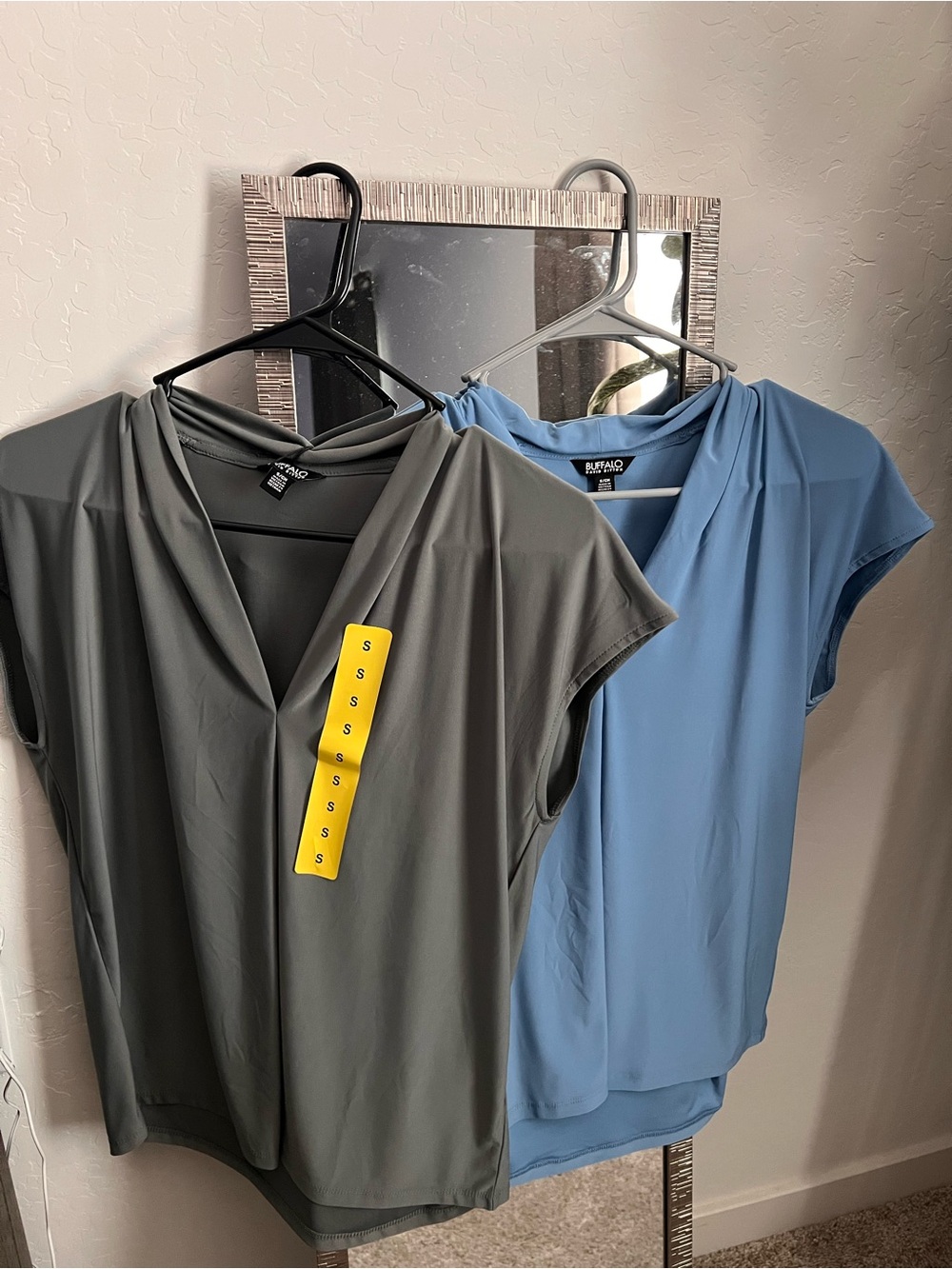 Buffalo David Bitton Draped V-Neck Short Sleeve Top in Gray and Blue